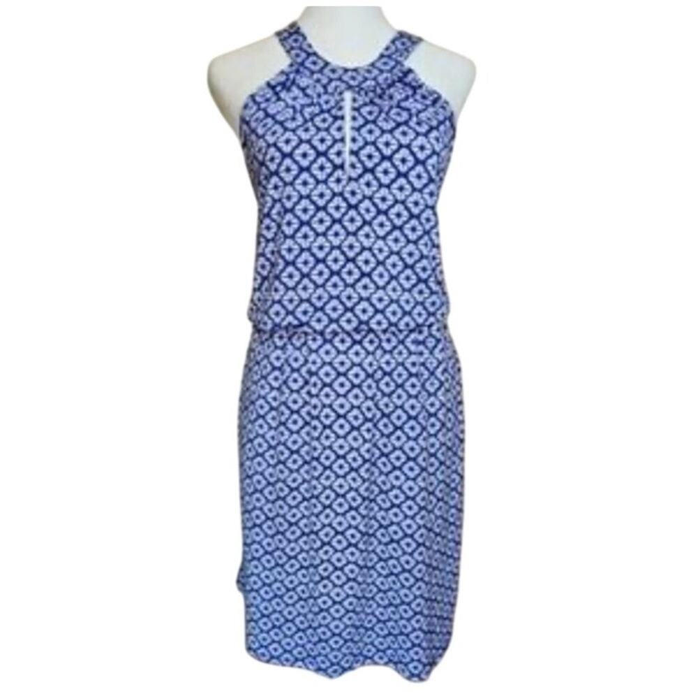 Banana Republic Blue White Geometric Midi Dress Racerback Keyhole Size XL